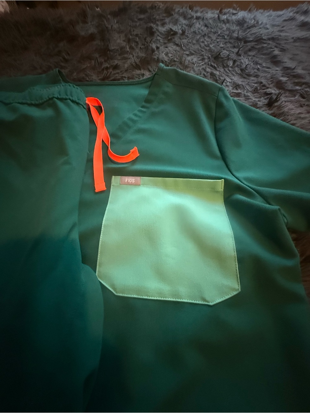 Figs Emerald Green Scrub Top with Mint Pocket and Neon Orange Tie